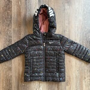 Nike Girl's, Just Do It Printed Puffer Full Zip Hoodie, Black, 2T